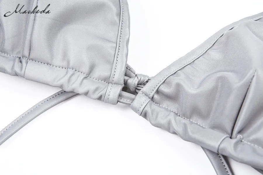 Женский серебряный светоотражающий сексуальный комплект из 2 предметов укорочённый топ со шнуровкой и стринги летний купальник