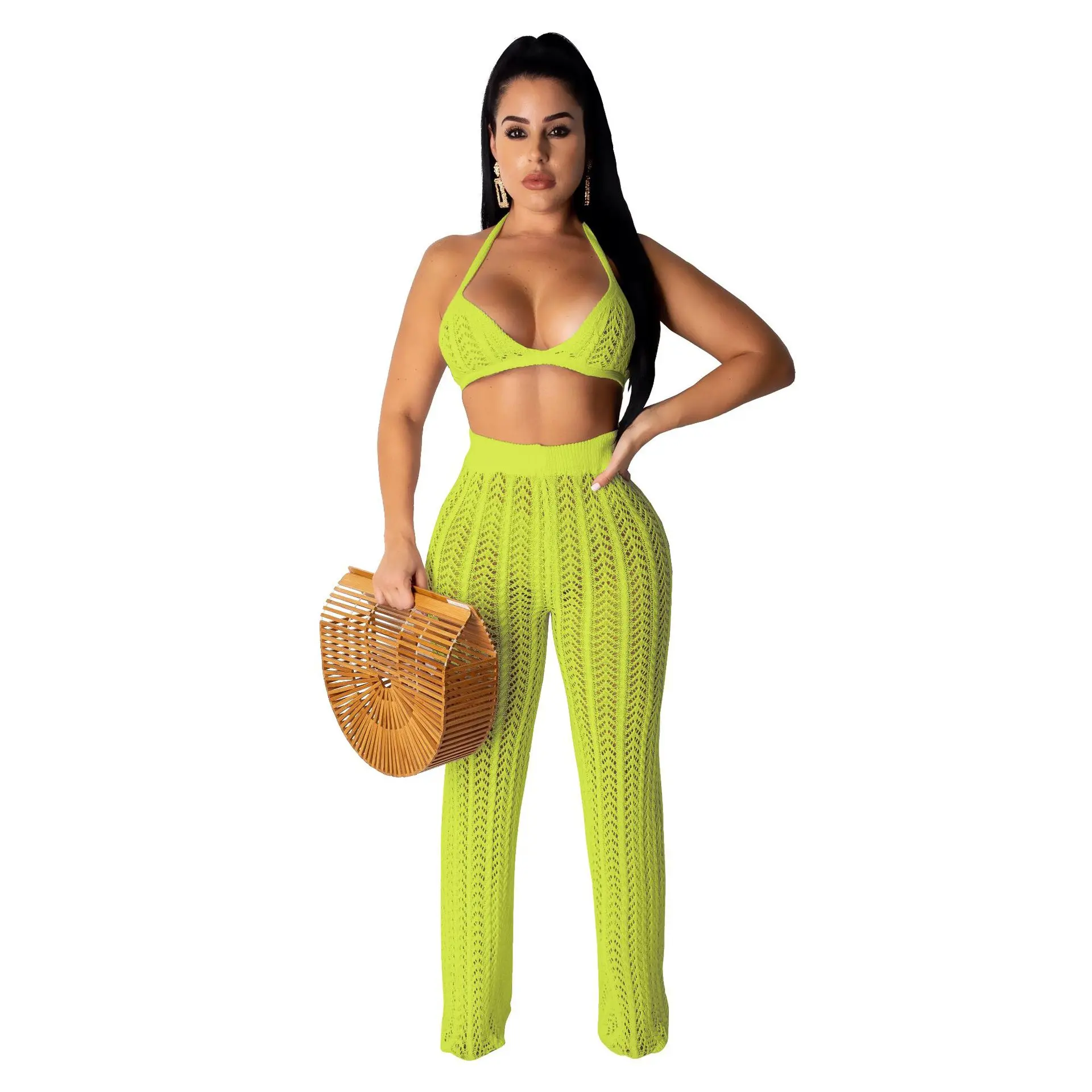 

JRRY Casual Knitted Women Set Halter Neckline Strings Back Bra Long Skinny Pants Hollow Out Two Pieces Women Suit 2 Pieces Set