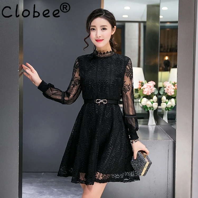 Женское кружевное лоскутное платье с поясом элегантное черное Повседневное