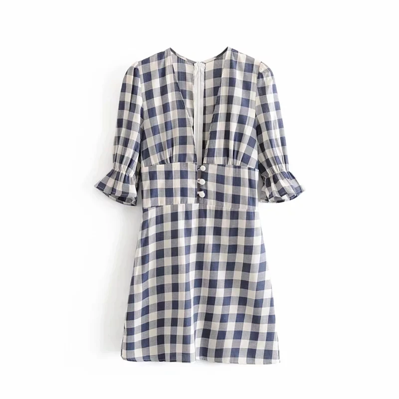 Plaid Корейское клетчатое платье из хлопка и льна, женское повседневное пляжное платье с коротким рукавом и пуговицами, летнее винтажное мини-платье с глубоким v-образным вырезом vestidos - Цвет: Plaid