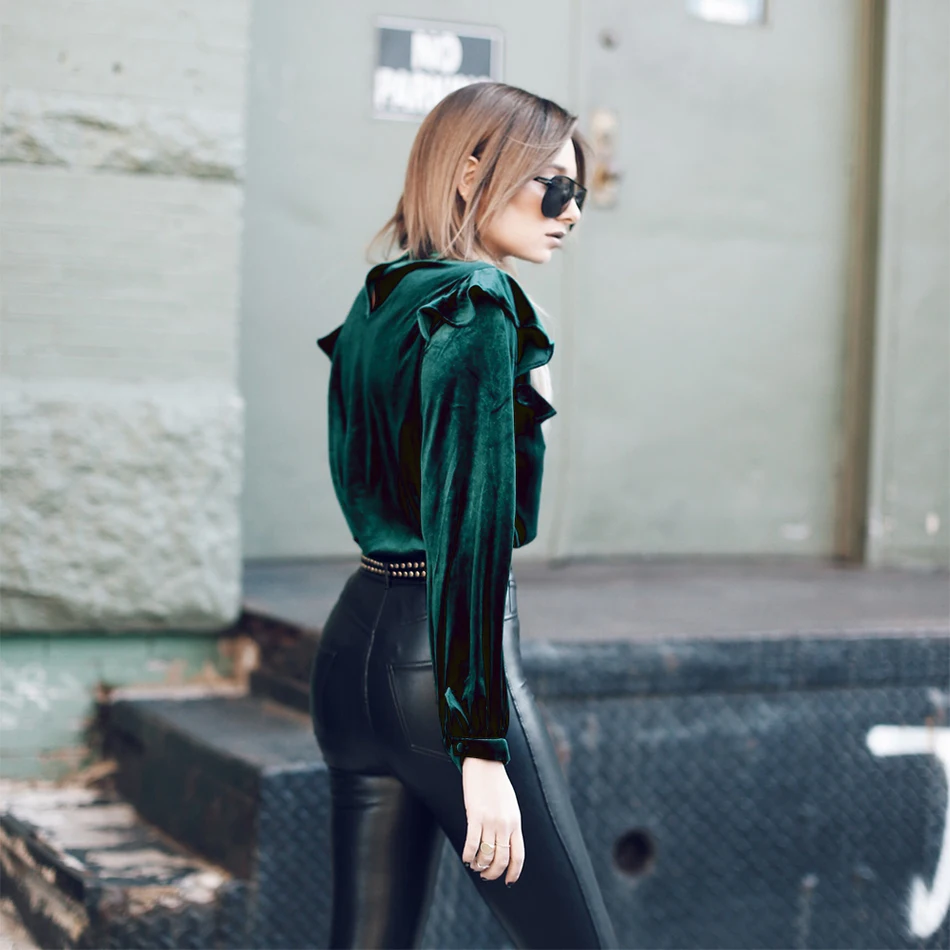 Повседневное оборками бархатная блузка рубашки для мальчиков Весна Зеленый Топы