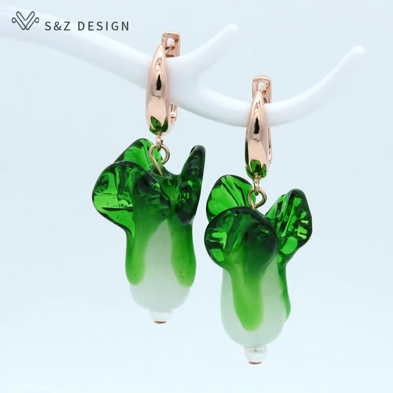 

S&Z DESIGN New Fashion Cute Vegetables Shape Dangle Earrings Green Coloured Glaze Chinese Cabbage Jewelry For Lady Accessories