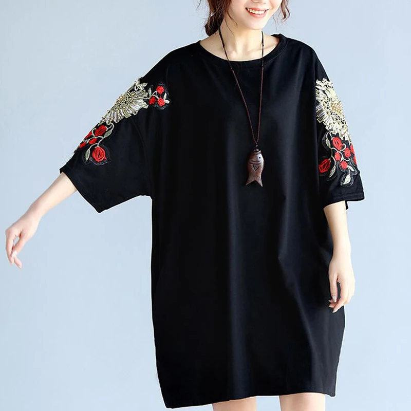 Женское платье с вышивкой модное повседневное свободное черное футболка