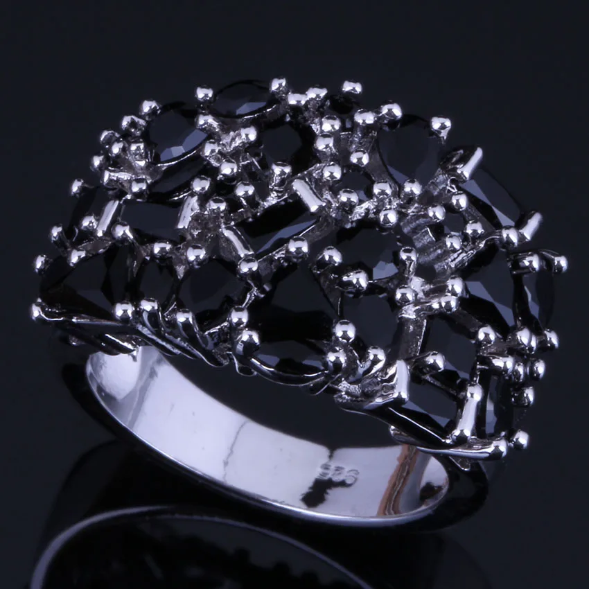 Блестящие черные фианиты кольцо из стерлингового серебра 925 для женщин V0582