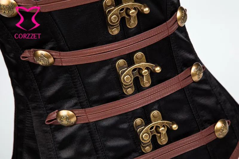 Черный атласный и коричневый кожаный военный корсет с воротником одежда в стиле