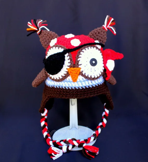 Вязаная крючком пиратская шляпа с совой шапочка шапка животными красная бандана