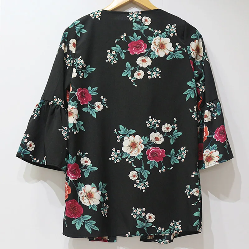 Женская осенне летняя блузка с винтажным цветочным принтом кимоно Boho кардиган
