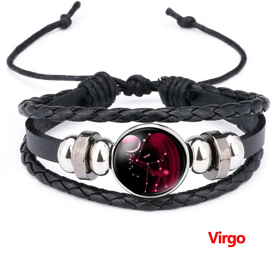 Virgo 12 Созвездие ручной работы кожаные браслеты плетеный кожаный цепной браслет Бохо светящийся в темноте Шарм Браслет Зодиак Ювелирные изделия Подарки - Окраска металла: Virgo