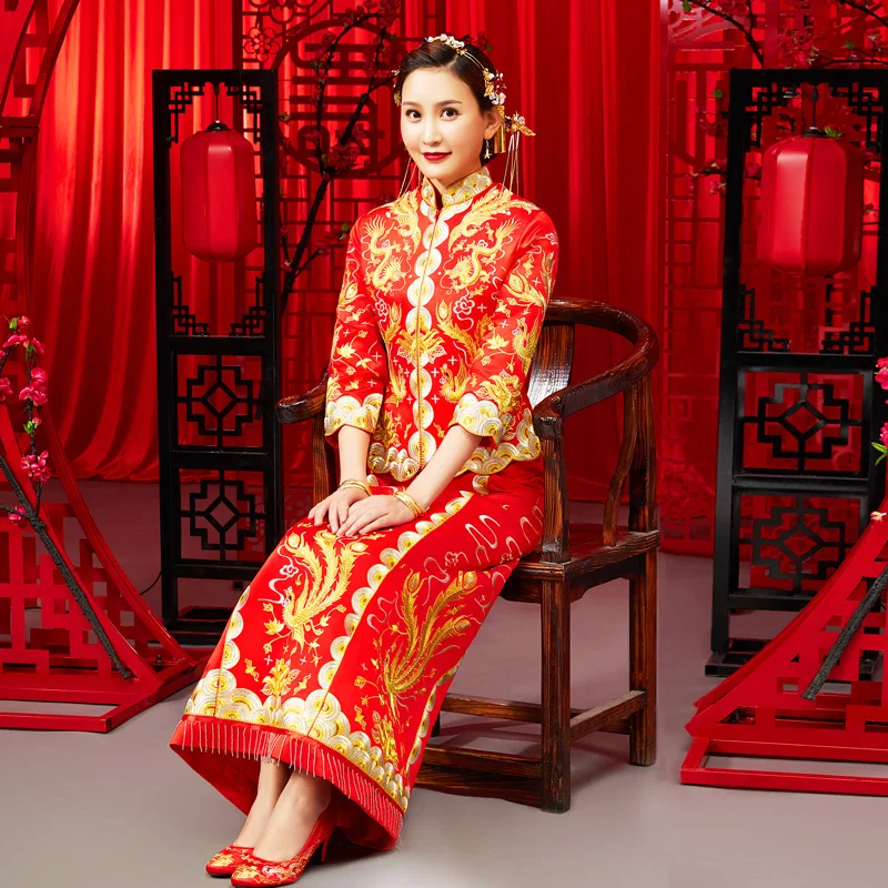 

Dragon gown bride wedding dress chinese style costume Phoenix cheongsam evening dress show clothing slim Style for the Wedding