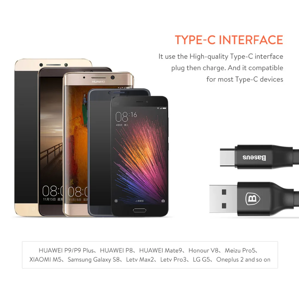 Портативный кабель Baseus type-C для samsung S8 Note 8 Xiaomi Mi6 Mi5 MiA1 зарядный мобильного телефона