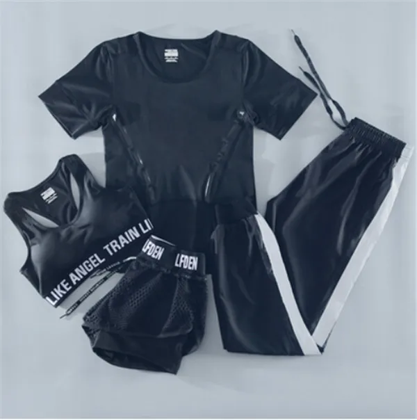 4 piece set d Летний женский спортивный комплект из 4 предметов для бега, быстросохнущая футболка+ бюстгальтер+ сетчатые шорты+ штаны, костюм для фитнеса, спортзала, йоги, одежда для тренировок - Цвет: 4 piece set d