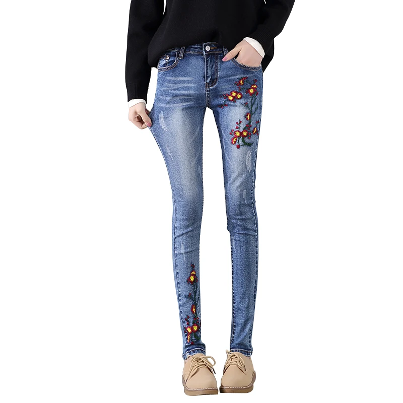 Цветочный Джинсы с вышивкой женский тонкий Повседневное джинсовые штаны 2018