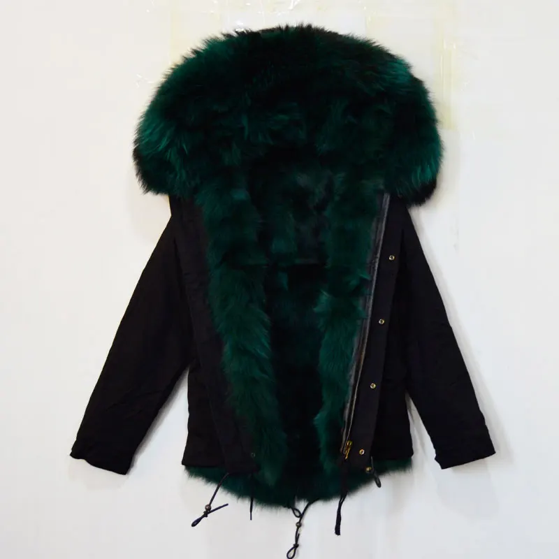 

New Arrival black jacket with dark green fox fur women jacket winter coat