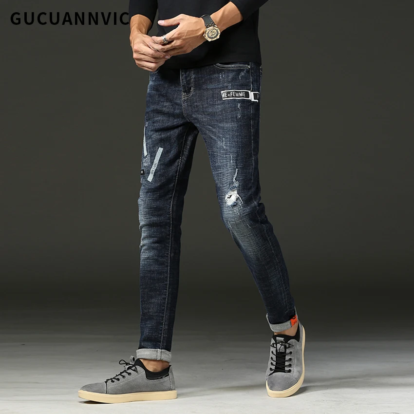 Темно синий Stonewashed модные Повседневные штаны для мужчин личность Ripped Синий