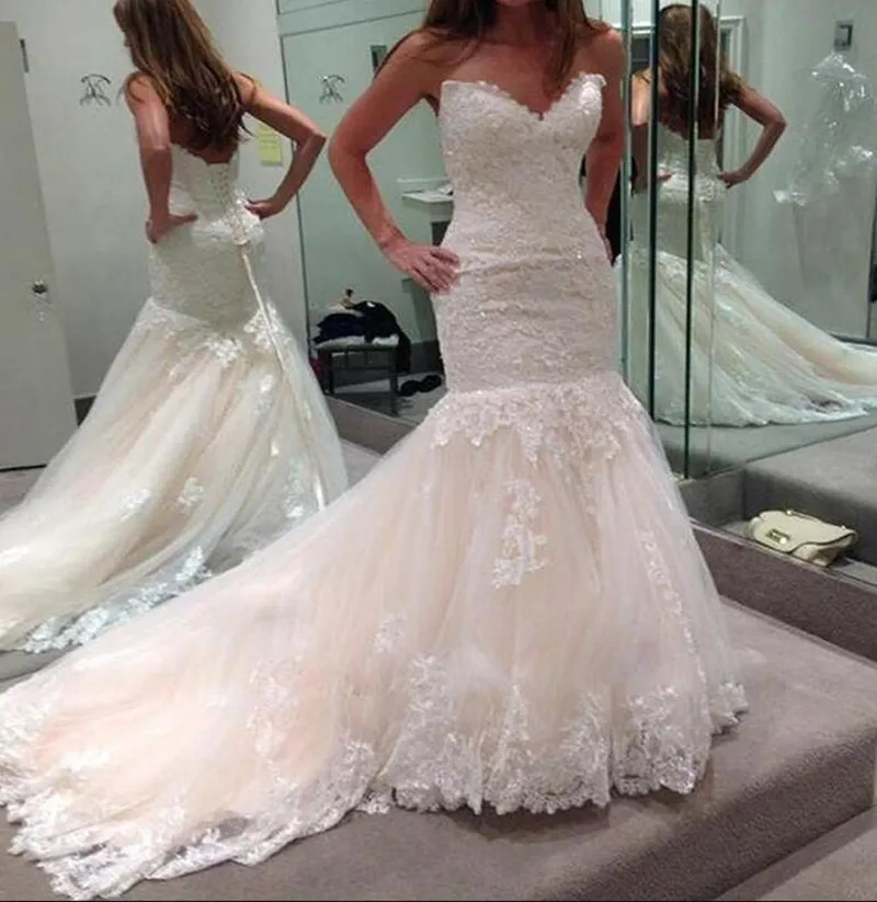 2016 Luxury Ivory White Sweetheart Sleeveless Wedding Dress Mermaid Court Train Appplique Lace Up Bride Gown Custom Made S159 | Свадьбы и