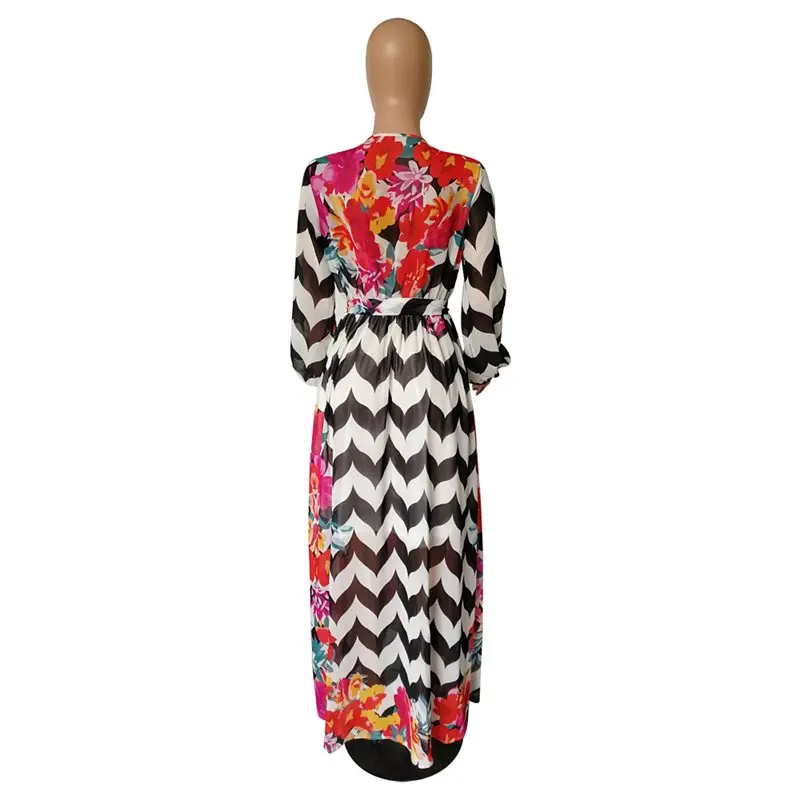 Модное шифоновое макси-платье в полоску с цветочным принтом женское платье