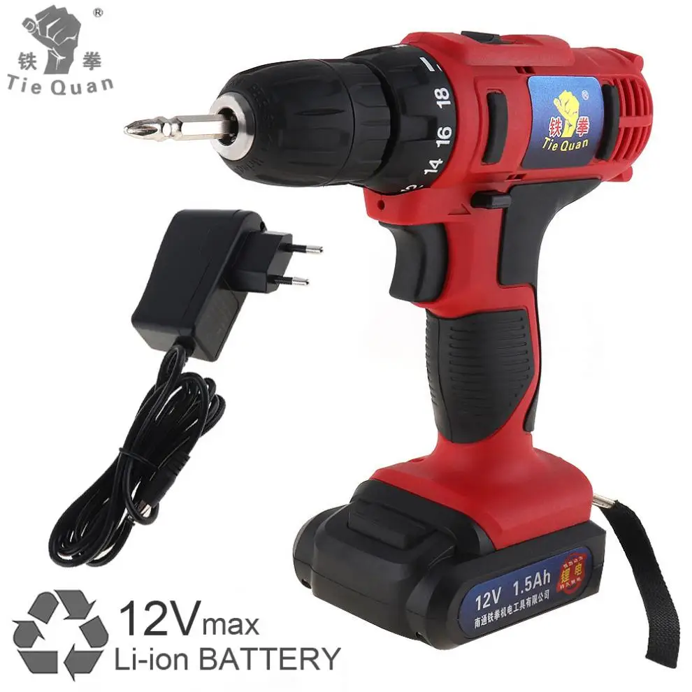 AC 100-240 V Беспроводная 12V электрическая дрель/шуруповерт с 18 зубчатым моментом и двухскоростной регулировкой для обработки винтов/штамповки