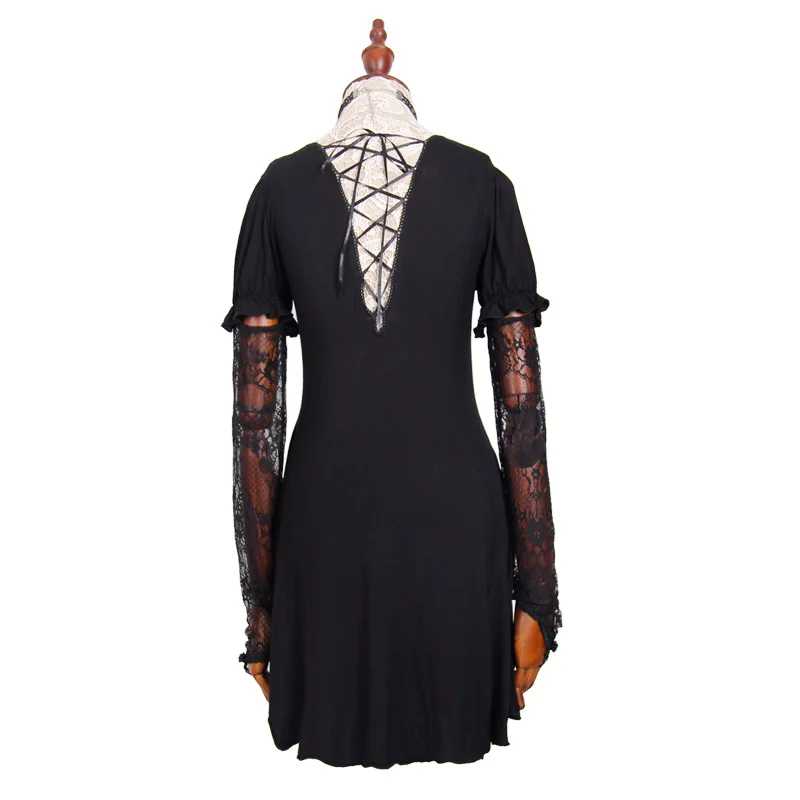 

Devil Fashion Gothic Black T-Shirt Tops For Women Steampunk Visual Kei Lace Tee Shirts With Detachable Sleeve