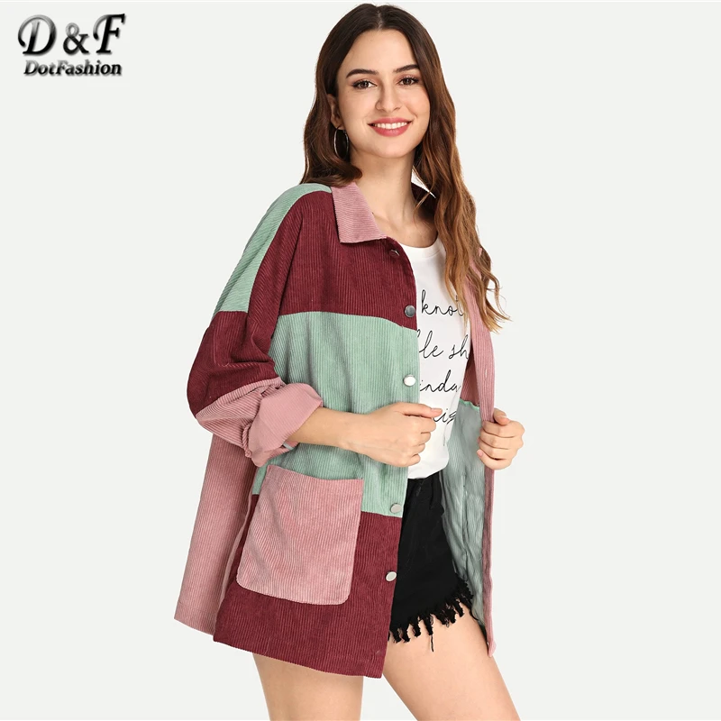 Dotfashion, вельветовое пальто с цветными блоками, карманами и пуговицами спереди, Женская Повседневная Осенняя однобортная одежда с длинным рукавом, женская верхняя одежда