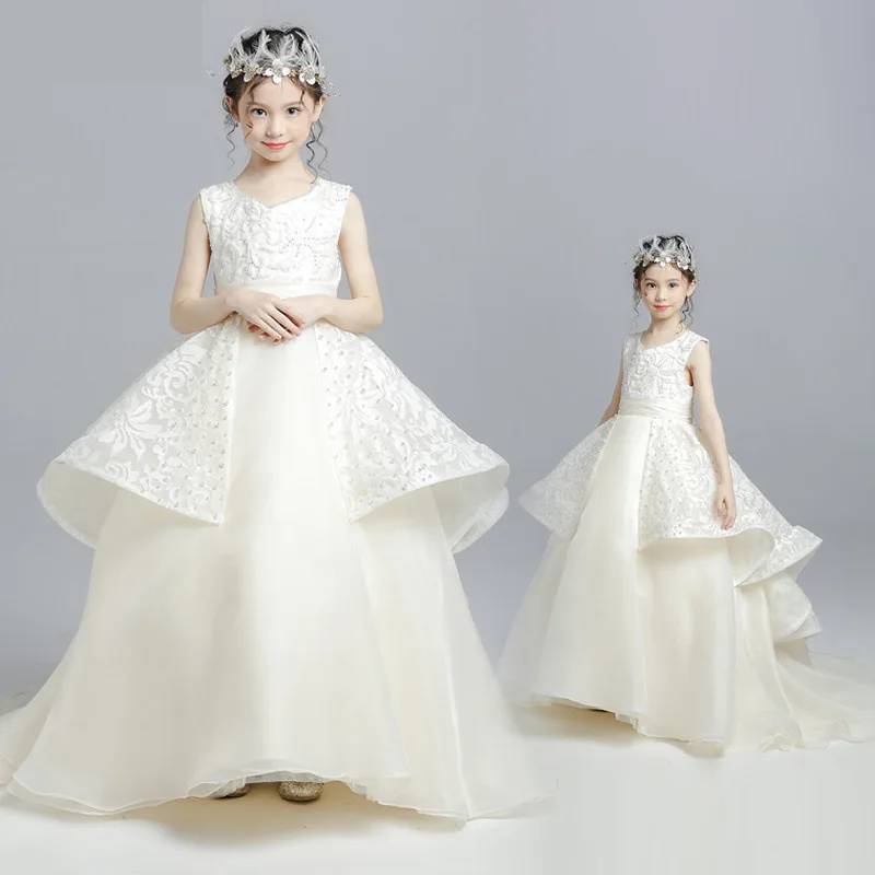 

Girls Wedding Princess Dresses for Age 2 - 12 Years Baby Baptism Ball Gown Lace Applique Ivory Customize Size Outfit Ball Giwn