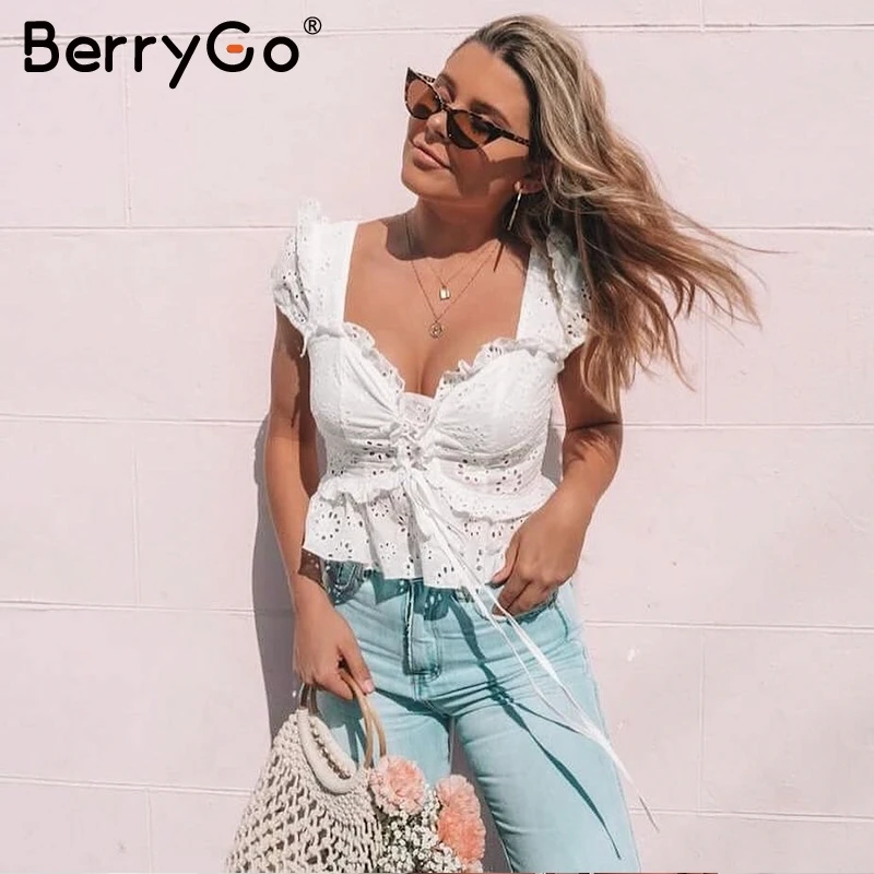 BerryGo винтажная кружевная блузка с v образным вырезом и баской рубашка топ Женская