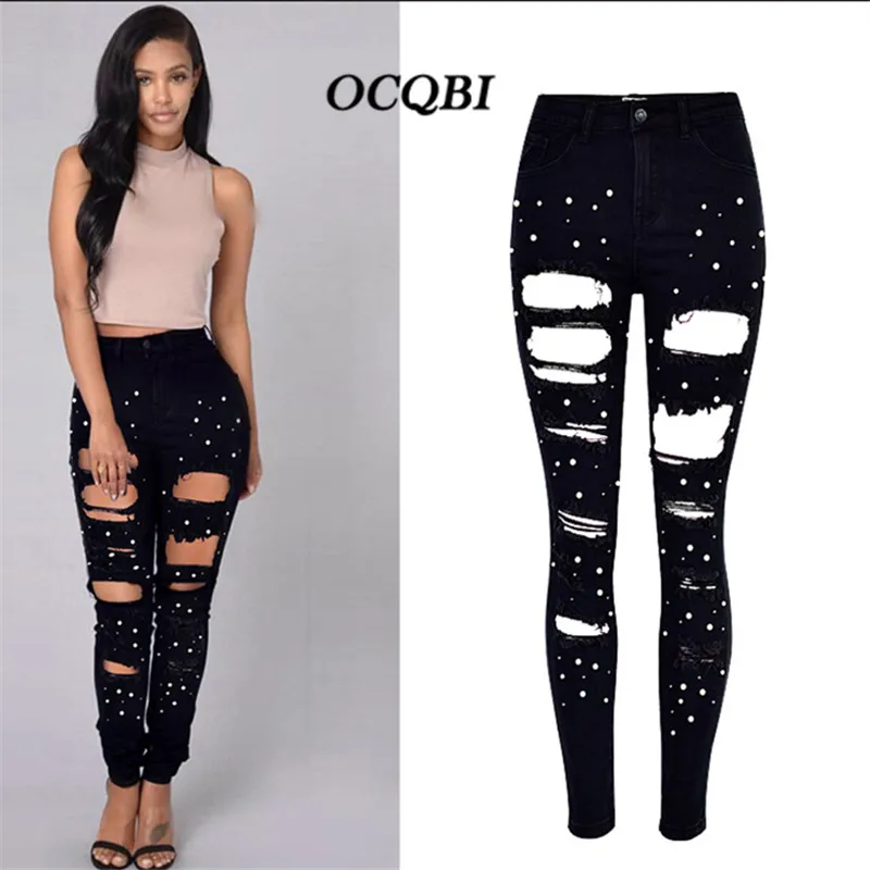 

Embroidery Flares Distressed Ripped Jeans for Women Skinny Boyfriend High Waist Denim Jeans Plus Size