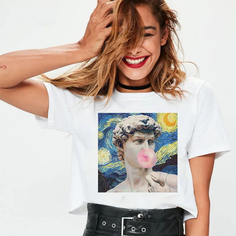2019 модная кавайная Футболка с принтом поцелуя ангела Ван Гога Женские топы