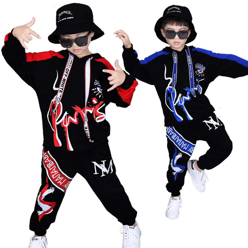 Hip Hop Children's Clothing Suit Spring Fall Boys Fashion Printing Spliced Clothes Kids Sweatshirt + Pants 2 Pcs Streetwear B140 |