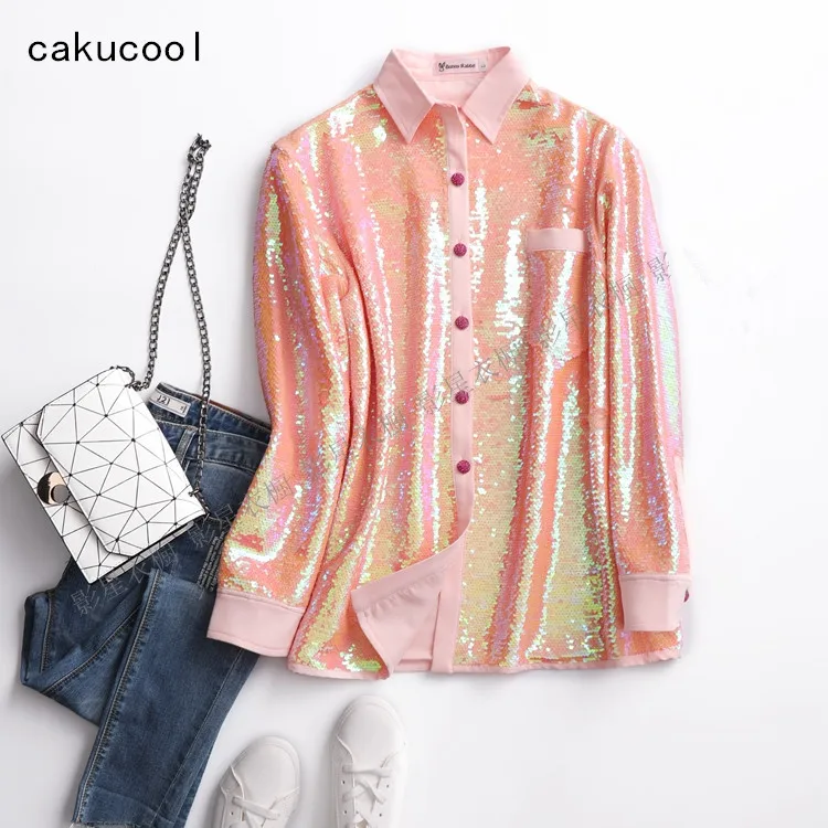 Cakucool Women Full Sequins Blouse Long Sleeve Beading Blusa Loose Pink Korean Shiny Blouse Shirts Autumn Tops Femme Plus size