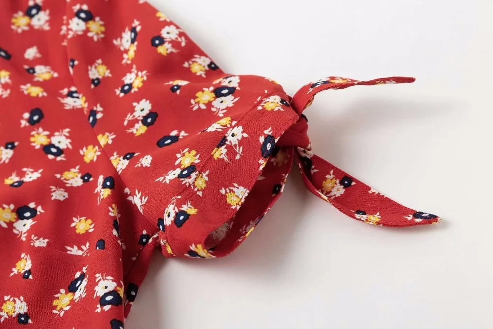 Женское красное платье с цветочным принтом и круглым вырезом шифоновое мини