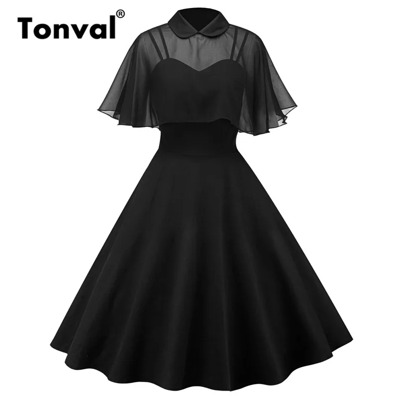 

Tonval Rockabilly Vintage Two Piece Black Dress Chiffon Cape A Line Pin up Dresses Women Cloak Sleeves Party Midi Dress