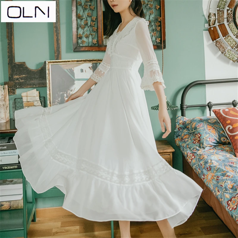 Платье Vestidos корейское летнее Новое поступление кружевное шифоновое Ретро