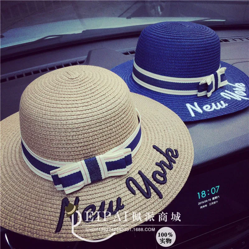 

Hot sale new york letter Seaeside sun hats for women summer large brimmed straw hat folding beach girls sun hat wholesale