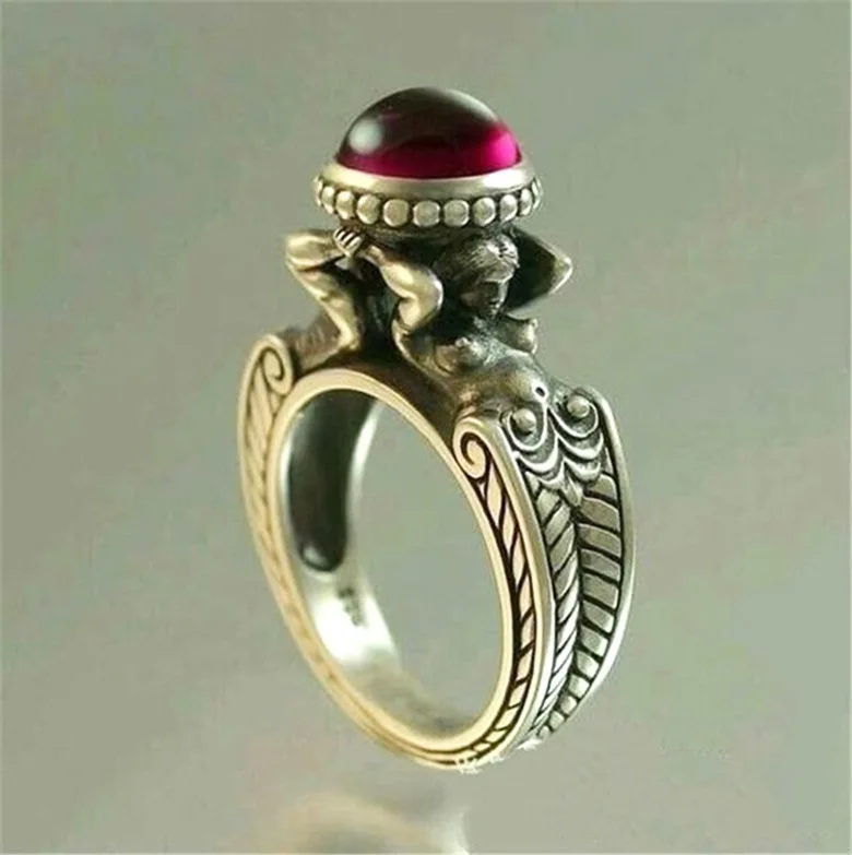 

Vintage Red Stone Mermaid ring European and American creative women's Fashion silver plated ring Party Jewelry Accessories