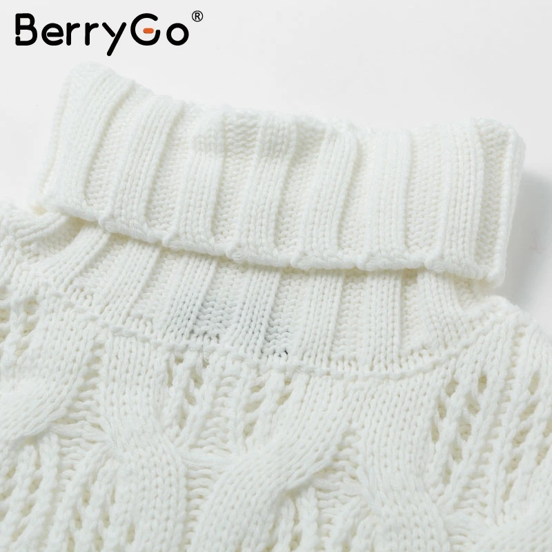 BerryGo Turtleneck women pullover sweater Autumn winter female knitted sweaters jumper Chic loose hollow out white warm | Женская одежда