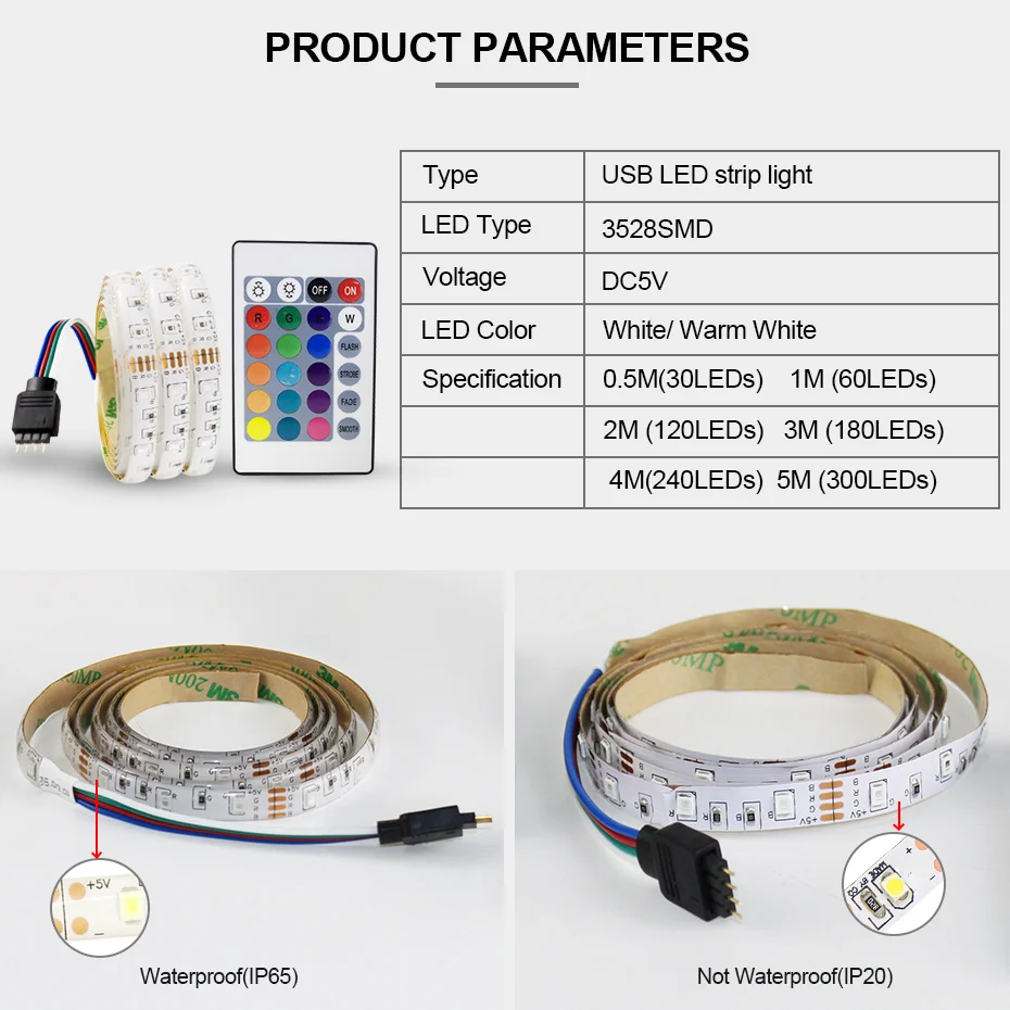 Гибкая светодиодная лента 5 в постоянного тока 60 светодиодов/м 3528 SMD 50 см 1 м 2 3 4