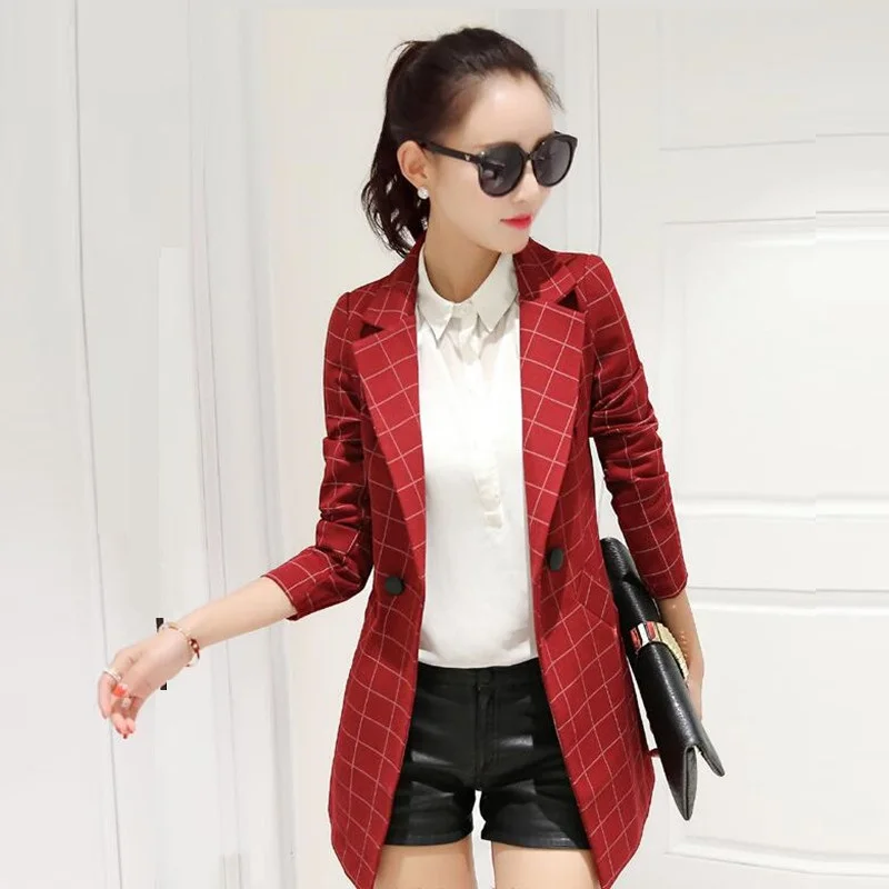 New Spring Autumn Women Blazer Plus Size Fashion Turn-Down Collar Slim Casual Plaid For Larger Out Wear Suits | Женская одежда
