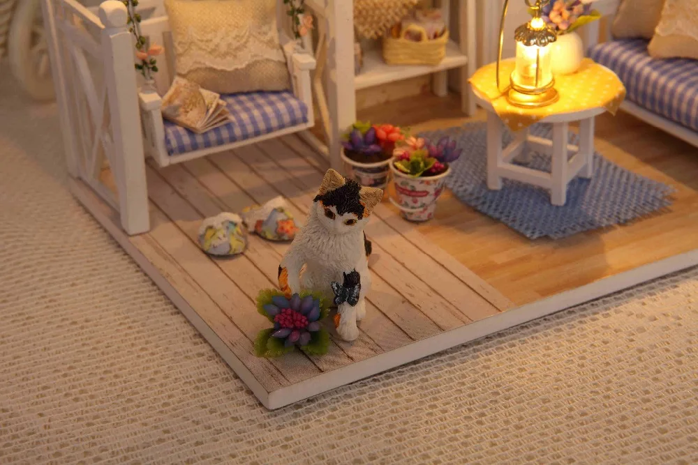Сборный DIY Кукольный дом, игрушка, деревянный миниатюрный домик для кошек, миниатюрный кукольный домик, игрушки с мебели, светодиодный светильник, подарок на день рождения, H-013