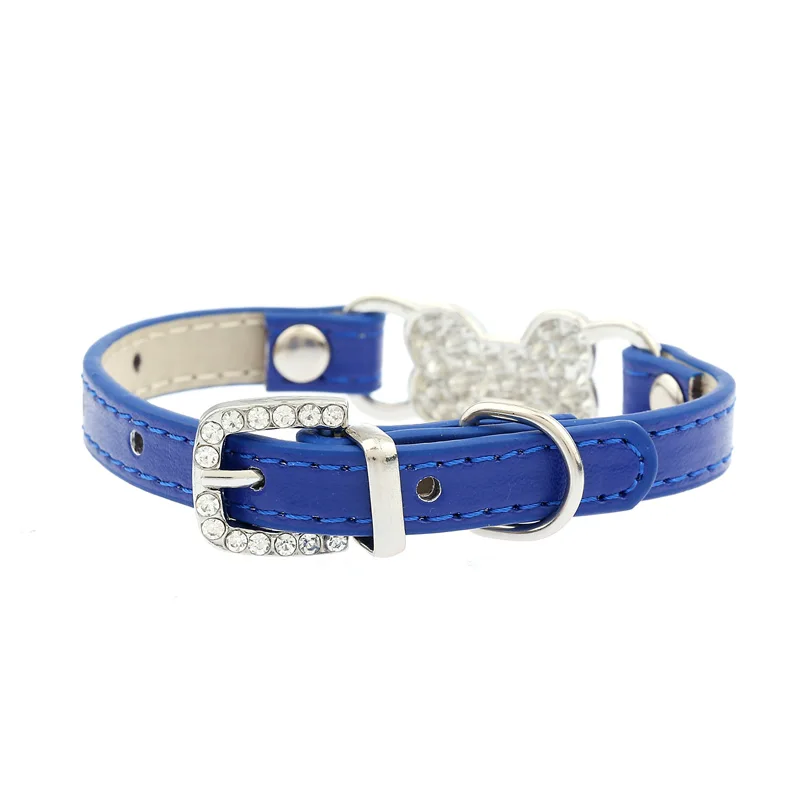 Blue Карамельный цвет кошка воротник Роскошные стразами Bling Bone Средства ухода за кожей Шеи из PU искусственной кожи на ремешке с Регулируемый небольшой ошейник - Цвет: Blue