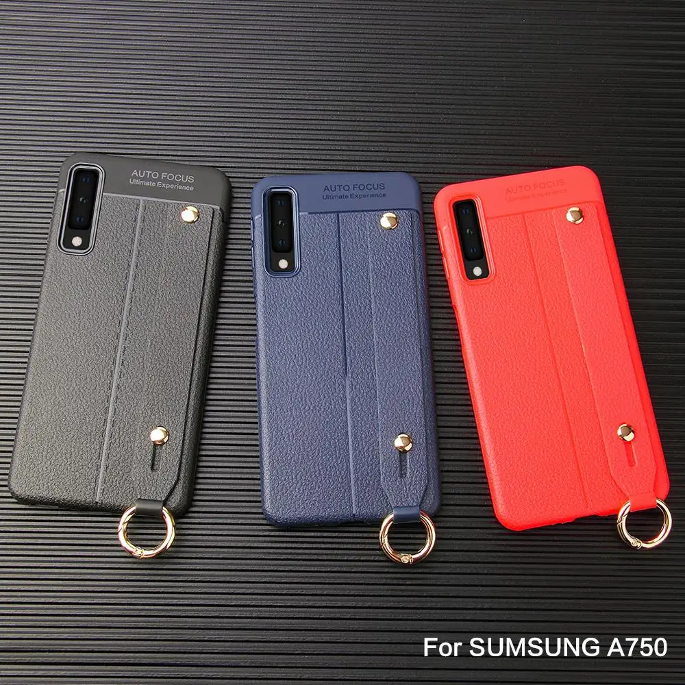 For Samsung Galaxy A7 2018 Case Soft Silicone Litchi Grain With Wrist Strap Matte Protect Back Cover for samsung a7 A750 |
