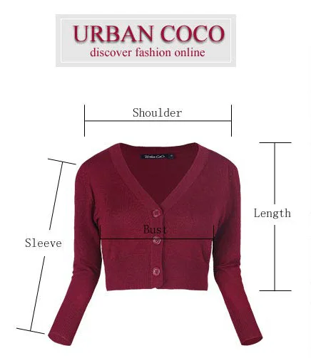 Urban CoCo женский укороченный кардиган с 3/4 рукавом v-образным вырезом на пуговицах вязаный Болеро кардиган свитер
