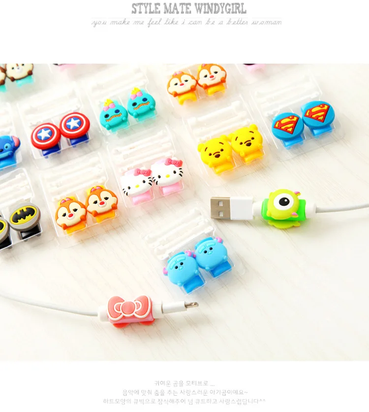 10 шт./лот двухсторонний мультяшный USB кабель протектор зарядный шнур защитный для