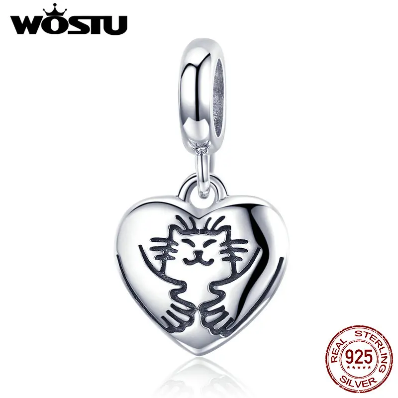 WOSTU, Настоящее серебро 925 пробы, маленькая кошечка Китти, подвеска, подходит для бусин, браслеты, ожерелье, оригинальные ювелирные изделия, FIC955