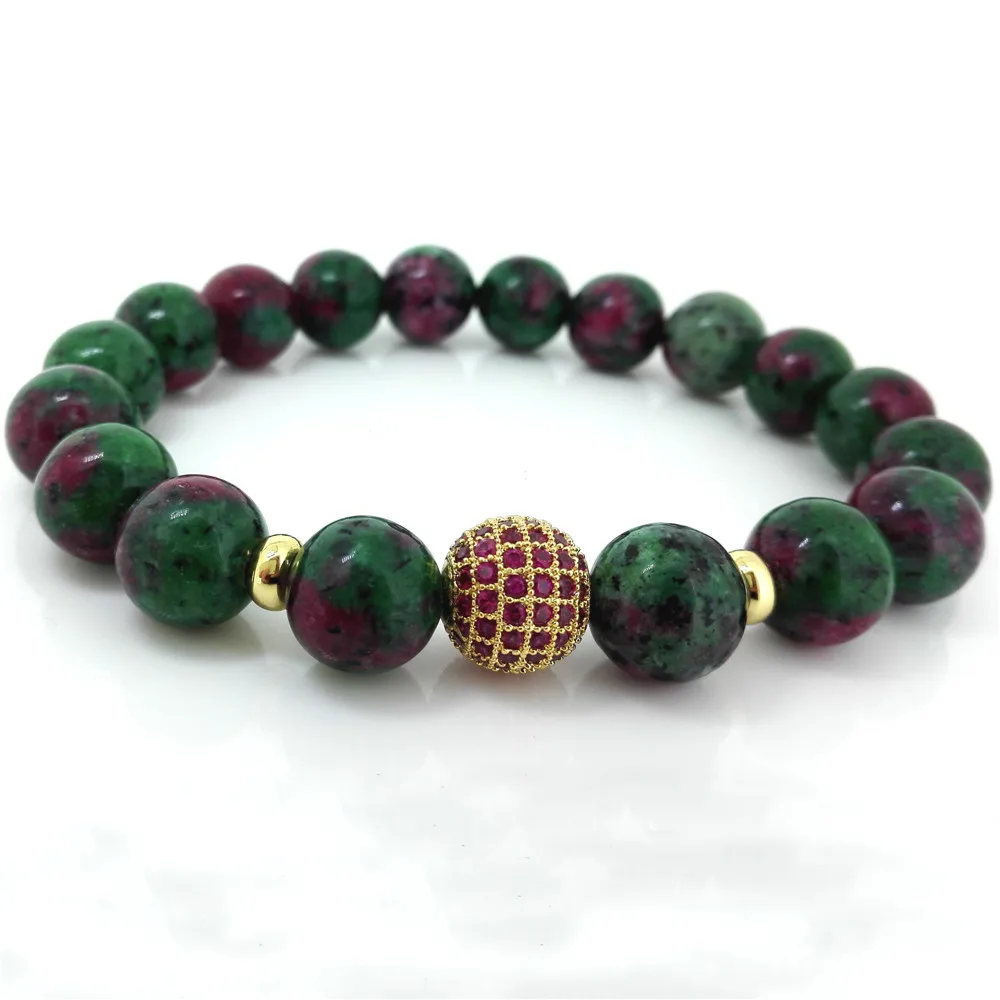 

Kejialai 2018 New 10mm Zoisite Stone Beads Bracelet Gold Color Brass Micro Pave Cubic Zirconia Charm Bracelet Fit Men Women Gift