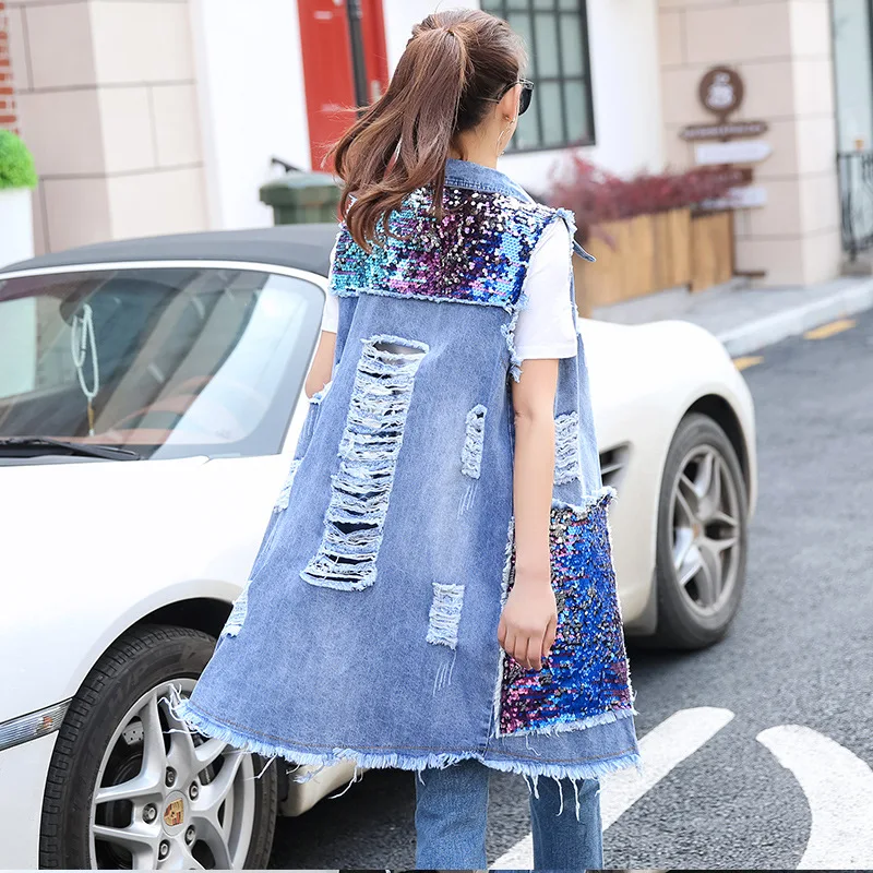 Жилет кардиган женский жилет блестки большие карманы без рукавов длинная куртка