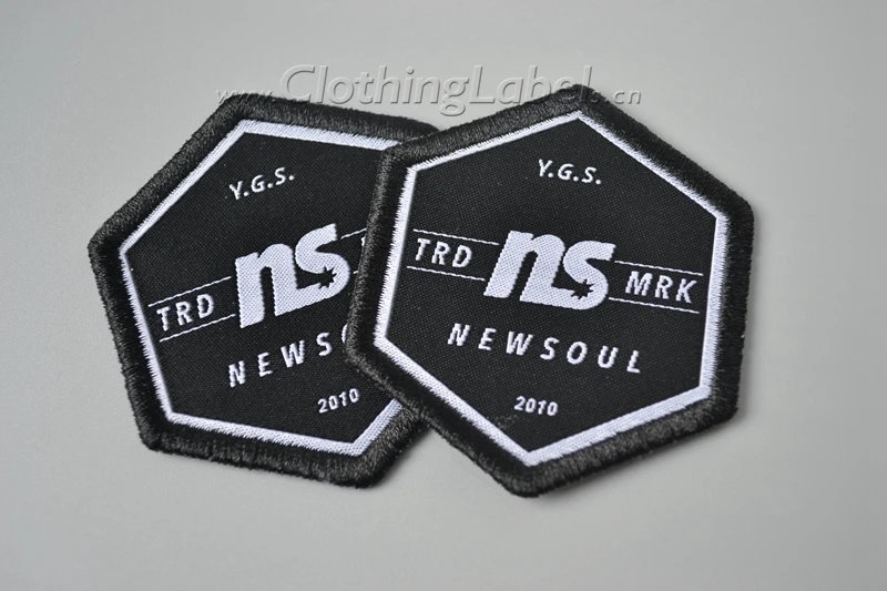 

Custom black iron on woven patch, embroidered edge, woven patch, iron on patch