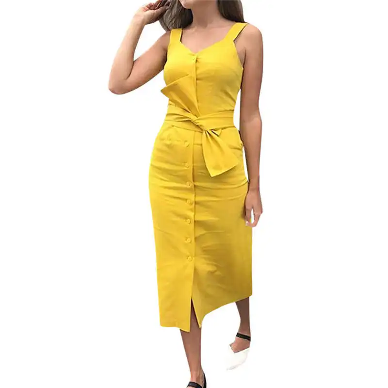 Elegant Button Women Dress Pocket Polka Dots Yellow Cotton Midi Summer Casual Female Plus Size Lady Beach Vestidos | Женская одежда