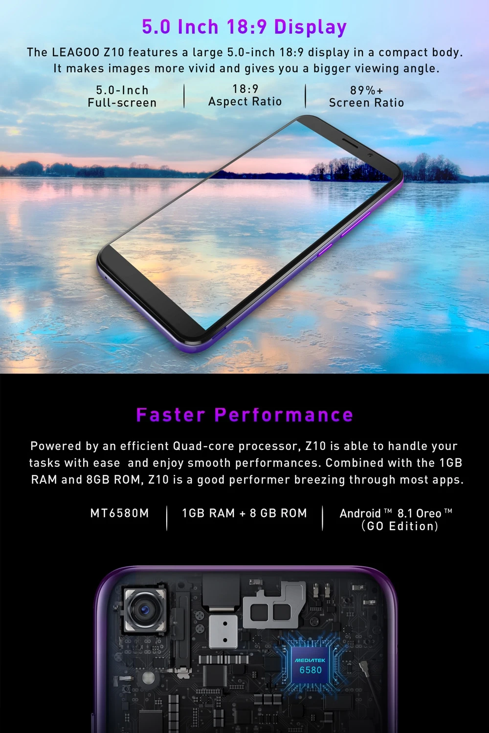LEAGOO Z10 Android мобильный телефон 5," 18:9 полный экран 1 Гб ОЗУ 8 Гб ПЗУ MT6580 четырехъядерный 2000 мАч 5MP камера двойная SIM 3g смартфон
