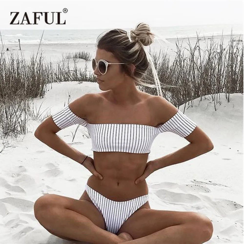 ZAFUL в полоску с открытыми плечами комплект бикини 2017 ванный Бикини Для женщин