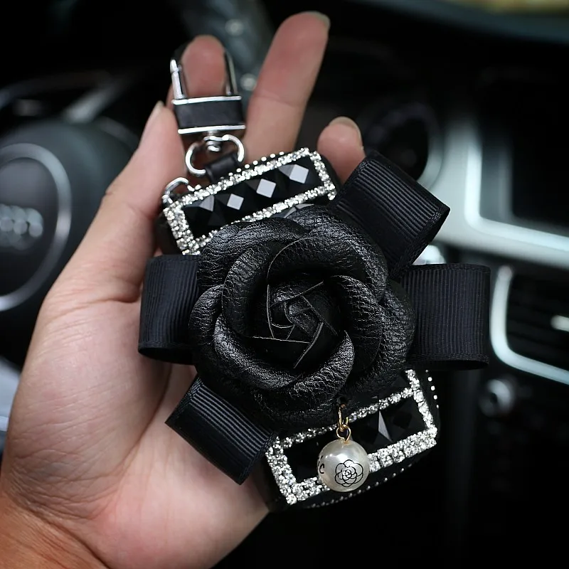 Black key case Кожаный чехол для ключей Camellia с цветком, чехол для ключей, кошелек для хранения, сумки с кристаллами и стразами, автомобильный держатель для ключей, чехлы для женщин, подарки для девочек - Название цвета: Black key case